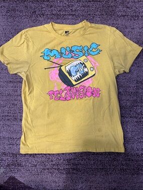 MTV Yellow Graphic Tee with Blue and Pink TV Artwork